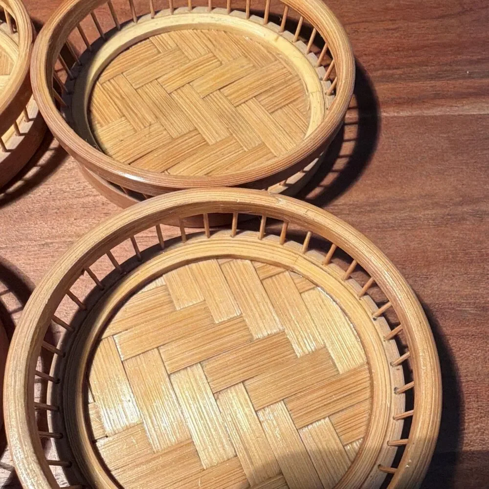 MCM/Rustic Bamboo Woven Round Coaster & Holder Set of 6 Stackable with Rack